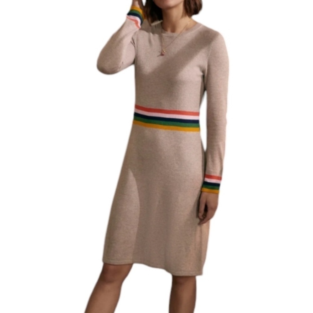 EUC - Boden sweater dress heathered oatmeal tan rainbow stripe size 4 Long